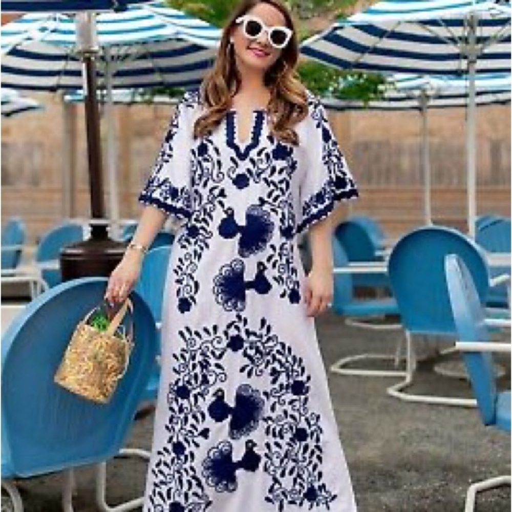 Frances Valentine White caftan with Blue Accents